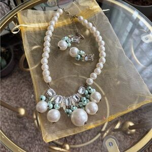 Elegant Pearl and Mint Green Necklace Set